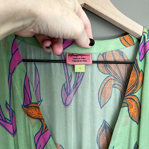 Anthropologie‎ Raina Kimono Dress Size 4 Midi Green Pink Floral Flowy Chic - Picture 9 of 16